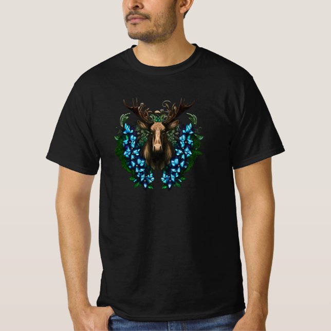 Camiseta Alasca Uma Cabeça de Alce Com Chifres E Flores (Frente)