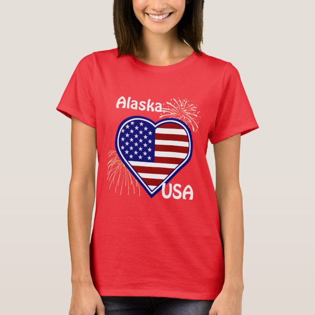 Camiseta Alaska 4 de julho Fireworks Heart Flag Red T-shirt (Frente)