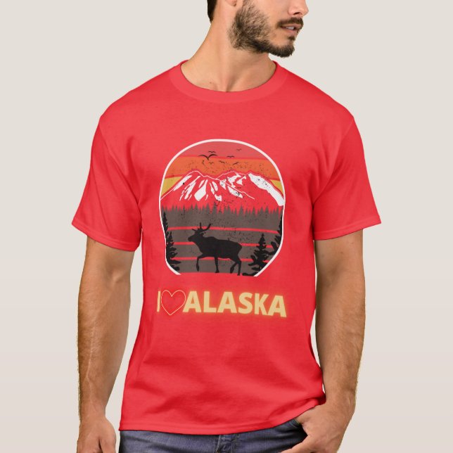 Camiseta Alaska Usa I Love Alaska Mountains Neon Retro Suns (Frente)