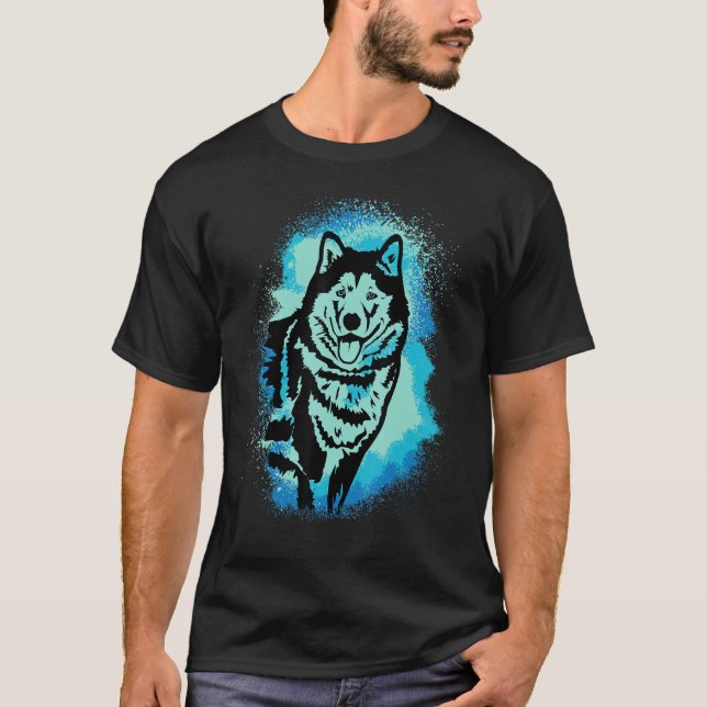Camiseta Alaskan Malamute Paint Blue Design Cachorro Mãe Pa (Frente)