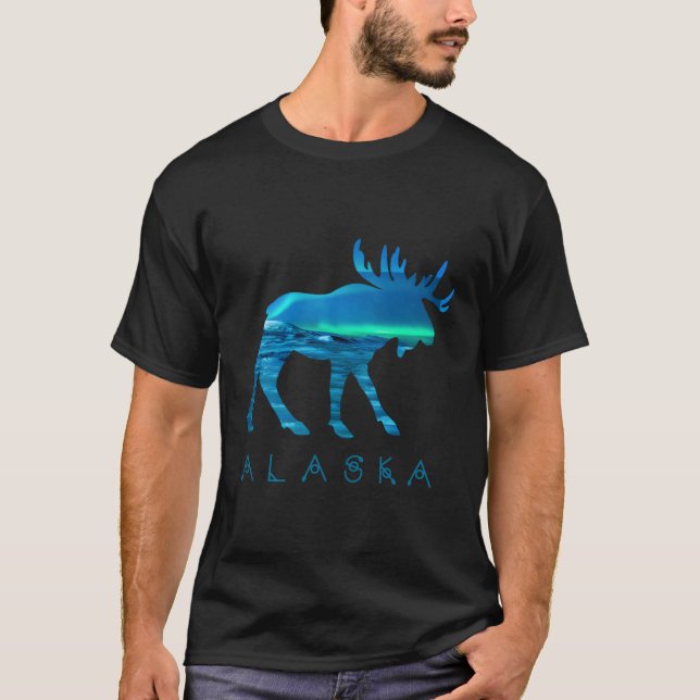 Camiseta Alaskan Moose com Cena de Neve Aurora Borealis (Frente)