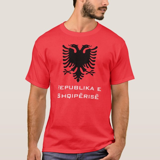 Camiseta Albanês preto Eagle no fundo vermelho (Frente)