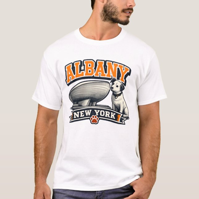 Camiseta Albany New York Nipper Dog Landmark Retro Design (Frente)