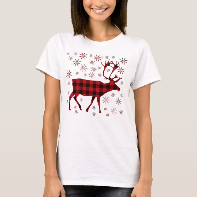 Camiseta Alce de Natal, veado, alce, rena, xadrezes vermelh (Frente)