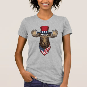 Camiseta Alce Patriótico Desenho Vetorial de Gravura Vintag
