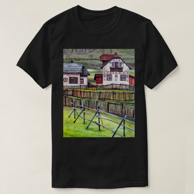 Camiseta Aldeia da Transilvânia, pintura em paisagem romena (Frente do Design)
