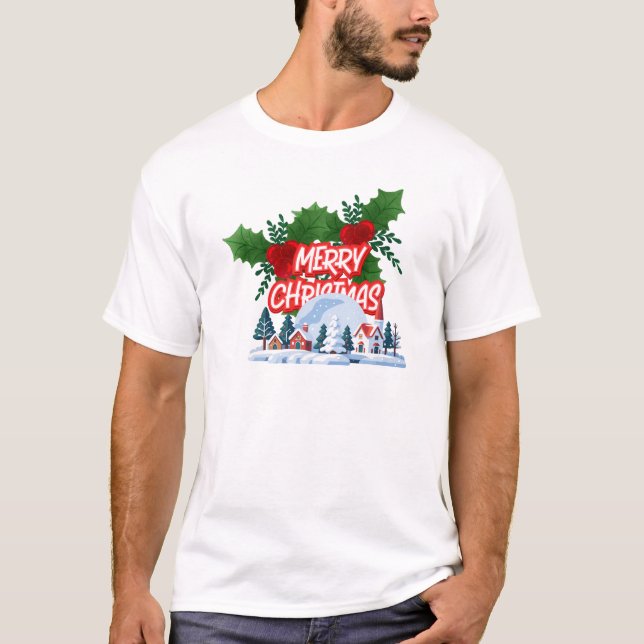 Camiseta Aldeia de Natal com neve e Holly Holida (Frente)
