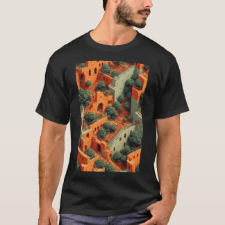 Camiseta Aldeia Surreal Terracada com Árvores e Escadas