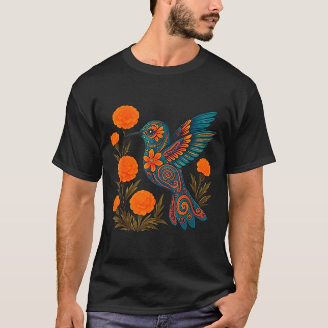Camiseta Alebrije Hummingbird Flower Mexican Folk Art Bird  (Frente)
