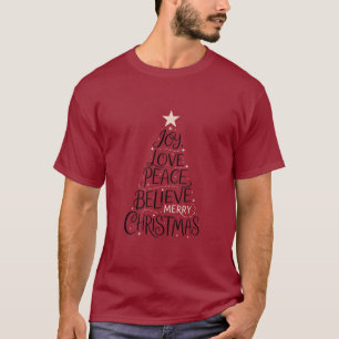 Camiseta Alegria Amor Paz Acredite Árvore de Natal Natal