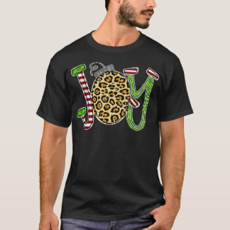 Camiseta Alegria com o Leopard Candy Cane de Natal Engraçad