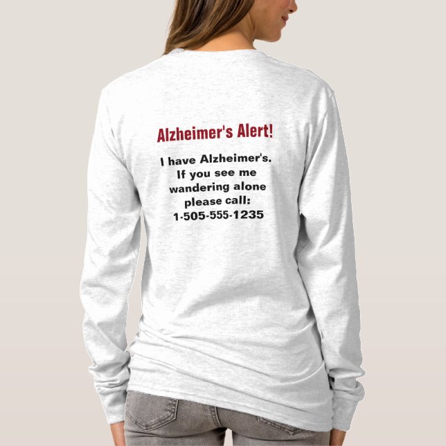 Camiseta Alerta de Alzheimer com número de telefone persona (Verso)