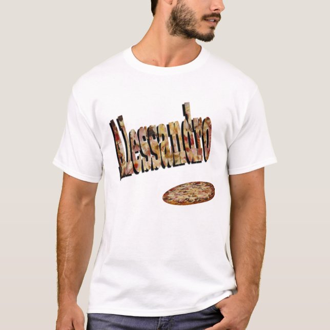 Camiseta Alessandro, Nome, Logotipo Feito Com Pizza, (Frente)