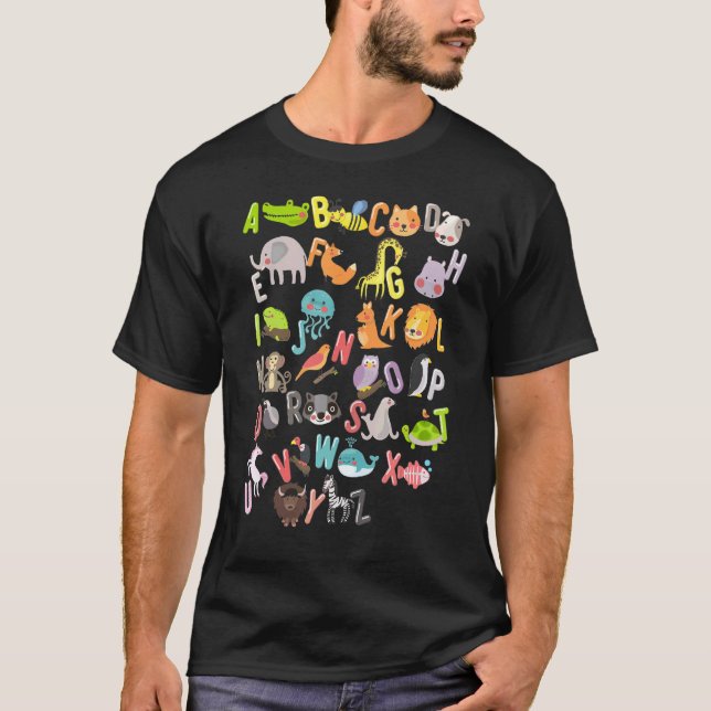 Camiseta Alfabeto Animal ABCs Crianças de Aprendizado começ (Frente)