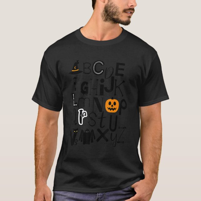 Camiseta Alfabeto de Halloween ABCs Aprendizado Jardim de I (Frente)