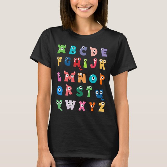 Camiseta Alfabeto de Monstro Fofo Abc Professor de Hallowee (Frente)