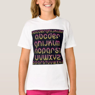 Camiseta Alfabeto Neon Retro dos Anos 80 Rosa e Amarelo