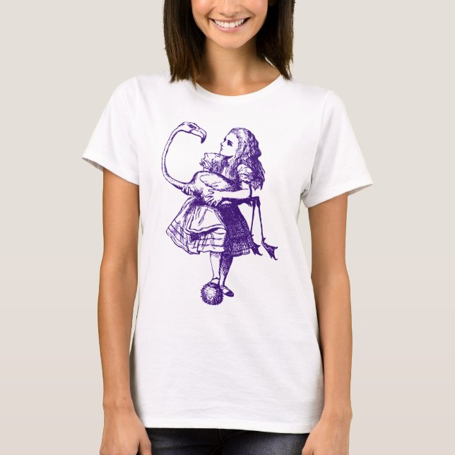 Camiseta Alice e o flamingo cobriram o roxo (Frente)