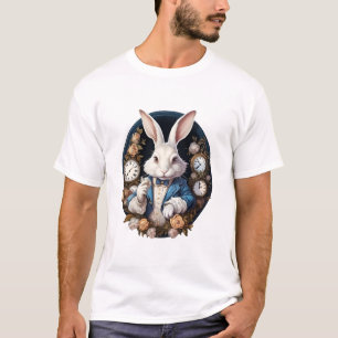 Camiseta Alice no Coelho Branco em Relógios e rosas