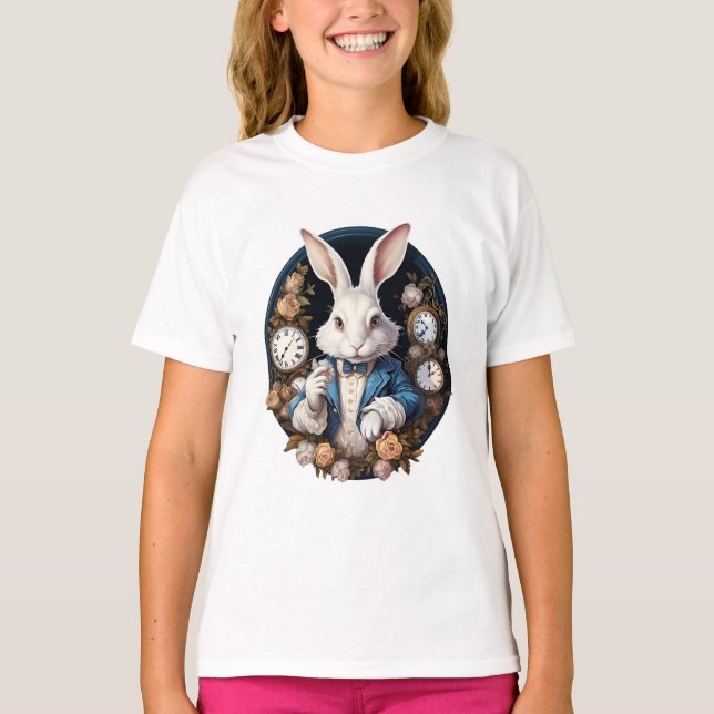 Camiseta Alice no Coelho Branco em Relógios e rosas (Frente)