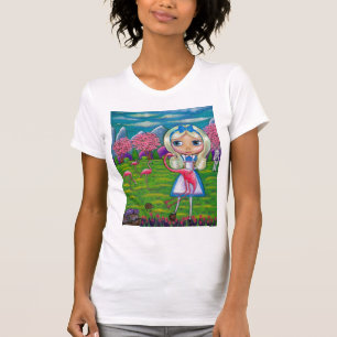 Camiseta Alice no país das maravilhas e nos flamingos
