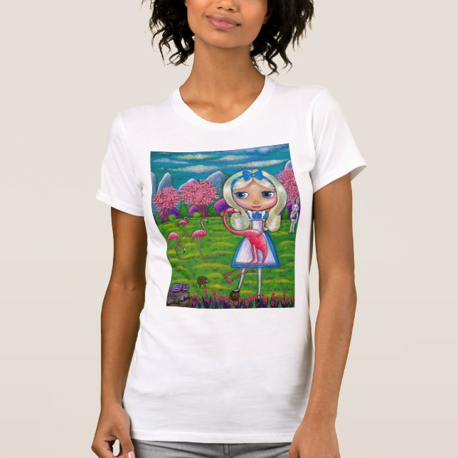 Camiseta Alice no país das maravilhas e nos flamingos (Frente)