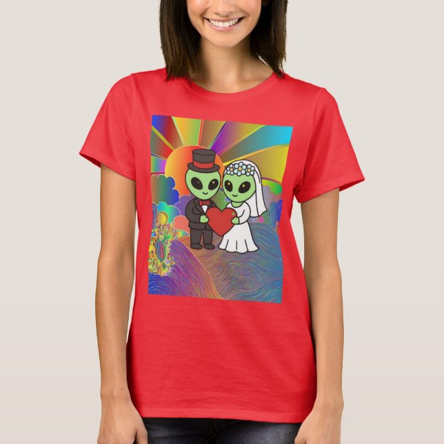 Camiseta Alien Bride and Groom Retro Neon Galactic Wedding  (Frente)