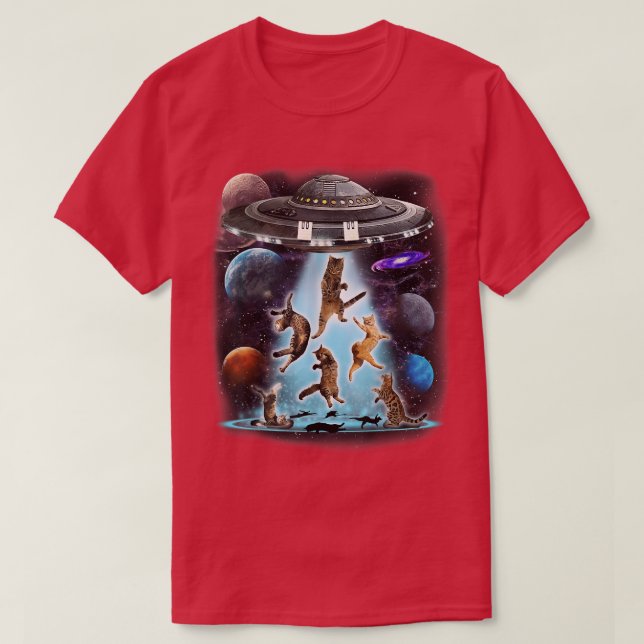 Camiseta Alien Cat Flying Saucer Outer Space Planets Scienc (Frente do Design)