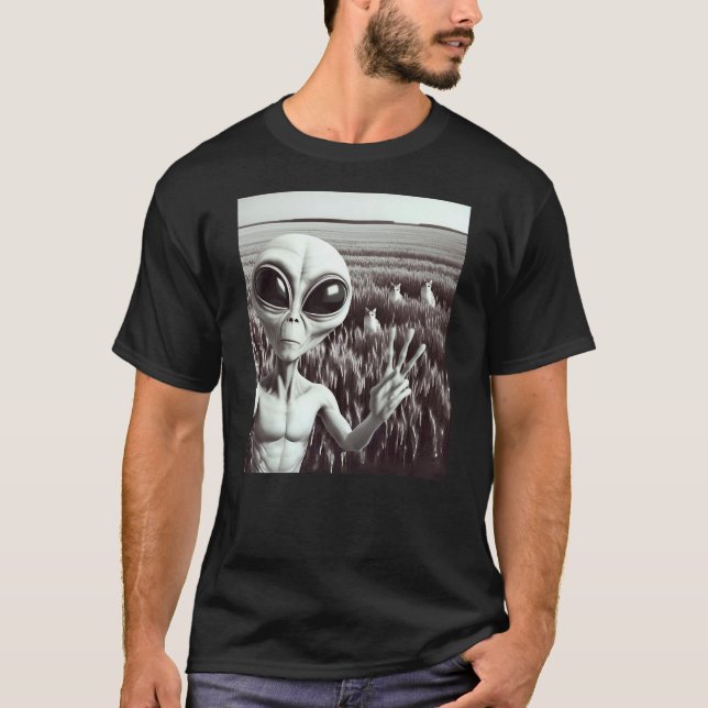 Camiseta Alien Cat Funny Black and White Selfie UFO Peace S (Frente)