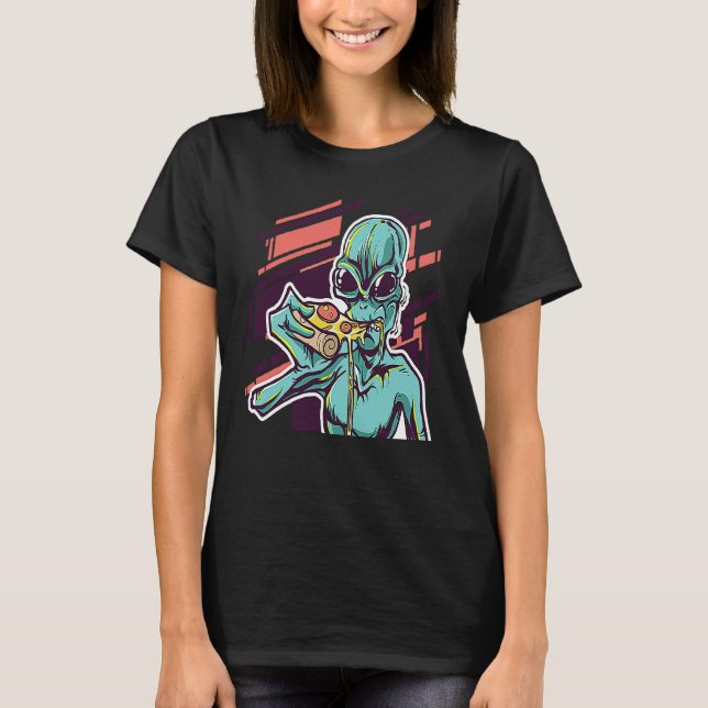 Camiseta Alien Eating Pizza Modern UFO Martian (Frente)