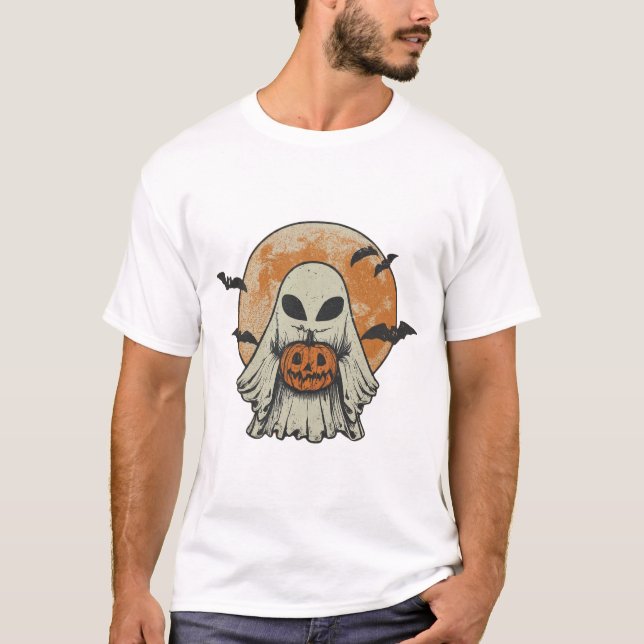 Camiseta Alien Ghost Pumpkin Halloween Vintage Spooky Night (Frente)