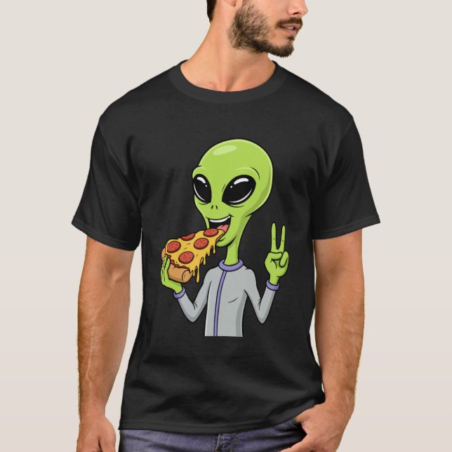 Camiseta Alien Head Eating Pizza UFO Extraterrestrial Snack (Frente)