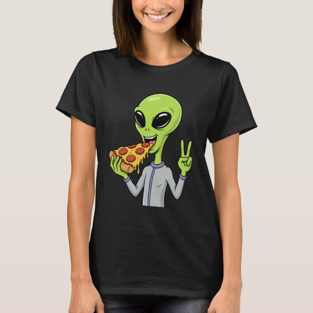 Camiseta Alien Head Eating Pizza UFO Extraterrestrial Snack (Frente)
