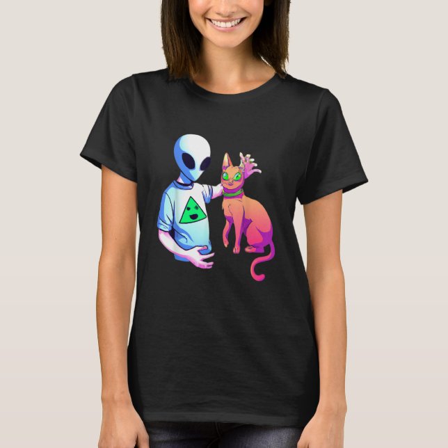 Camiseta Alien Petting A Cat Alien Ufo  Cat Kids Men Women (Frente)