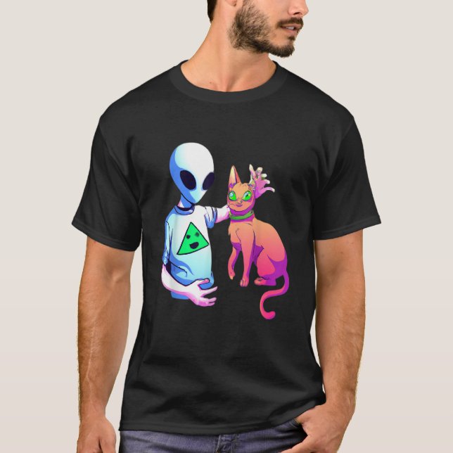 Camiseta Alien Petting A Cat Alien Ufo  Cat Kids Men Women (Frente)