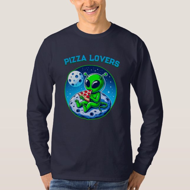 Camiseta Alienígena Adoradora de Pizza na Lua | Cósmico div (Frente)