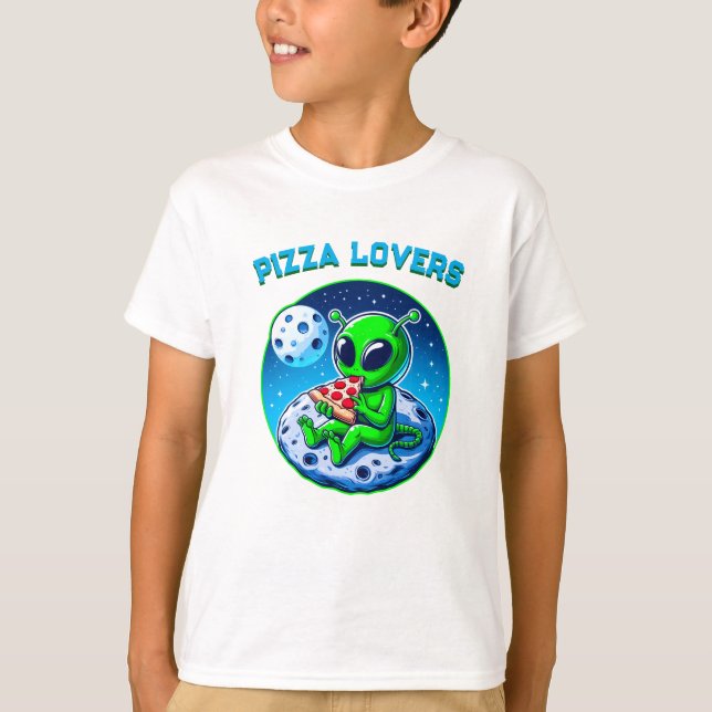 Camiseta Alienígena Adoradora de Pizza na Lua | Cósmico div (Frente)