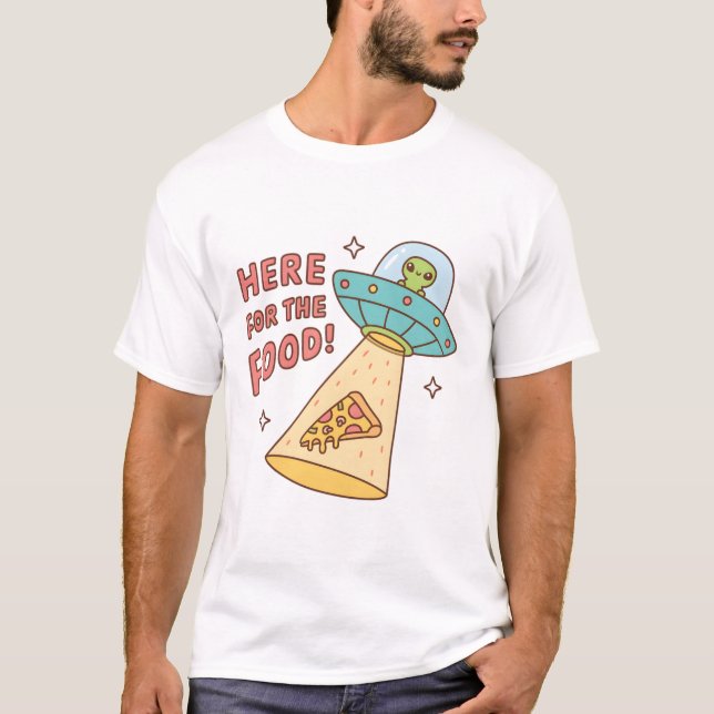 Camiseta Alienígena Aqui Para A Comida Pizza Funny Doodle (Frente)