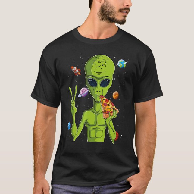 Camiseta Alienígena Cabeça Comendo Pizza Ufo Homens Extrate (Frente)