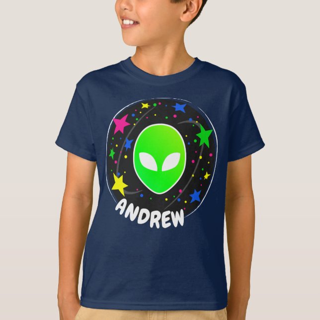 Camiseta Alienígena Cabeça Legal Planeta Estrelas Nome da G (Frente)