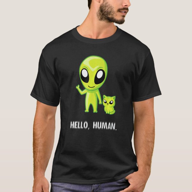 Camiseta Alienígena Cat Hello Human Ufo Kitten (Frente)