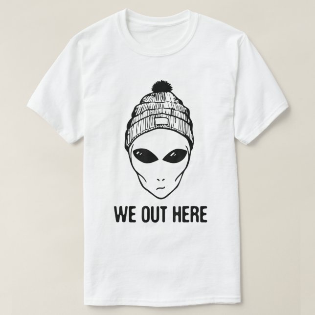 Camiseta Alienígena com Gorro 'Estamos Aqui' Gráfico (Frente do Design)