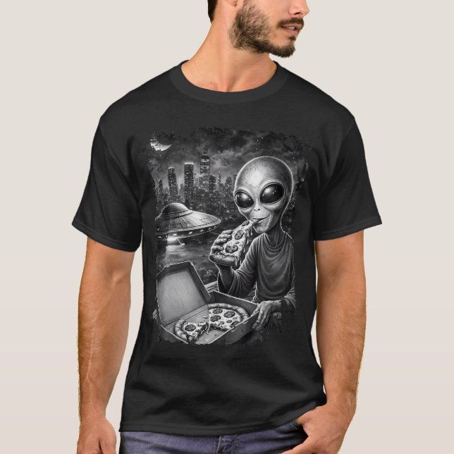 Camiseta Alienígena Comendo Pizza Ufo Telhado Cidade (Frente)