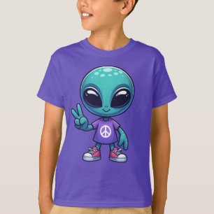 Camiseta Alienígena da Paz Fofo e Nave Espacial
