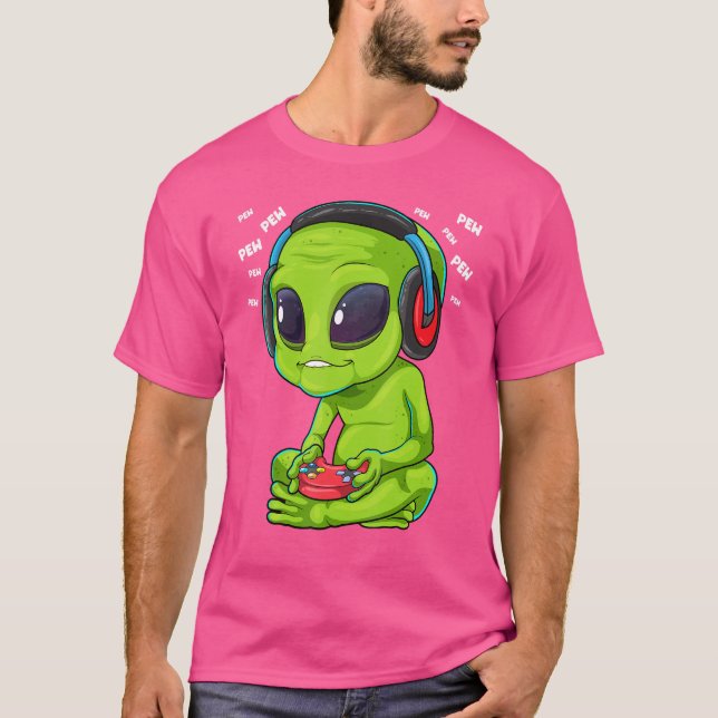 Camiseta Alienígena De Jogadores De Vídeo Jogando Ufo Pew E (Frente)