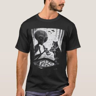 Camiseta Alienígena E Gato Comendo Pizza Engraçada Comida D