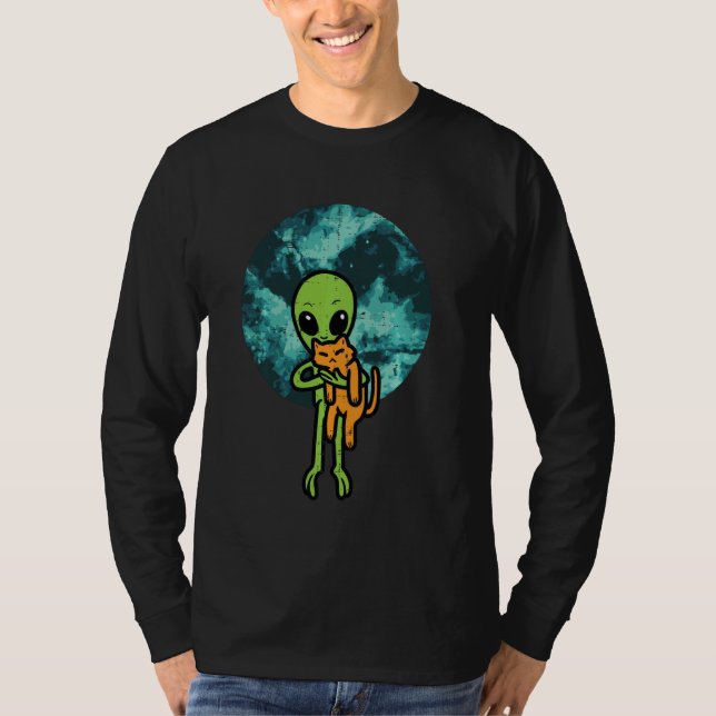 Camiseta Alienígena E Gato Engraçados OVNI Espacial Felinos (Frente)