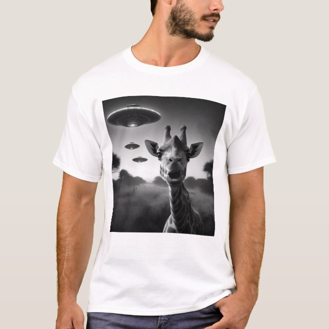 Camiseta Alienígena engraçada Giraffe UFO Racoon Selfie com (Frente)