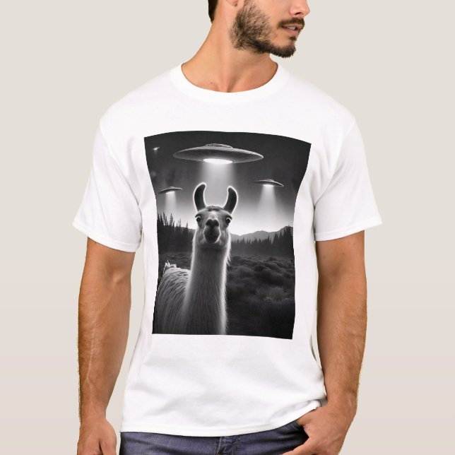 Camiseta Alienígena engraçada Llama OFO Racoon Selfie com O (Frente)