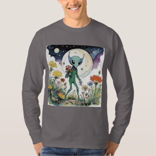 Camiseta Alienígena Engraçado Colhendo Flores Com Lua Cheia